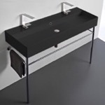 Bathroom Sink, Scarabeo 8031/R-120B-49-CON, Double Matte Black Ceramic Console Sink and Polished Chrome Stand